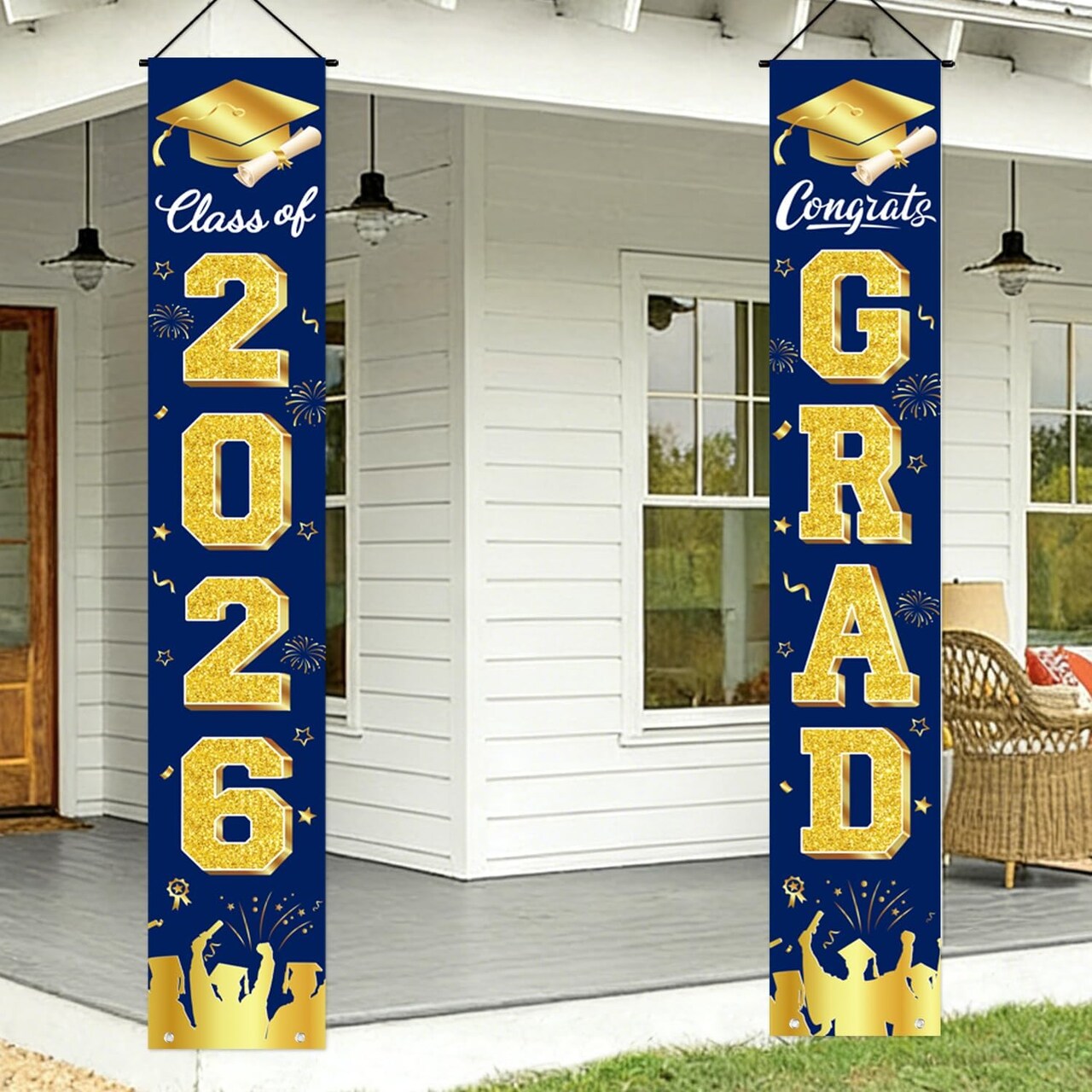Graduation Party Decorations 2026 – Navy Blue & Gold “Congrats Grad” Door & Porch Banner Set | Class of 2026 Graduation Decor Supplies